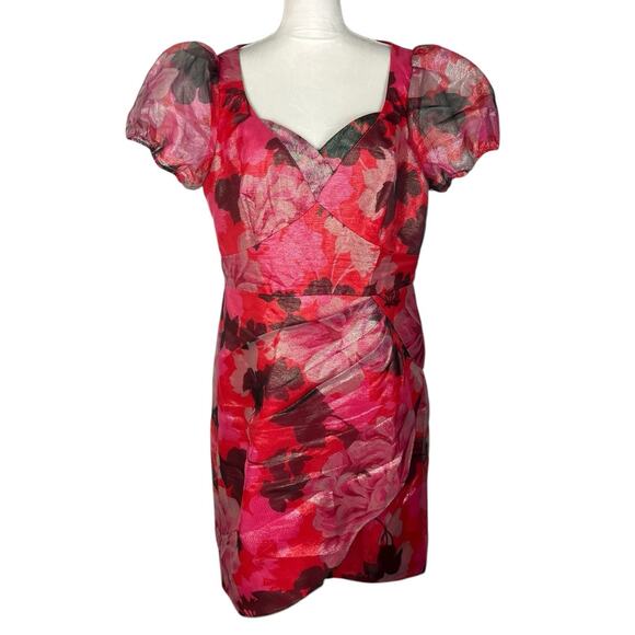 Theia Sybille Puff Sleeve Cocktail Mini Dress Metallic Shadow Peony Plus Size 16 - Picture 3 of 8